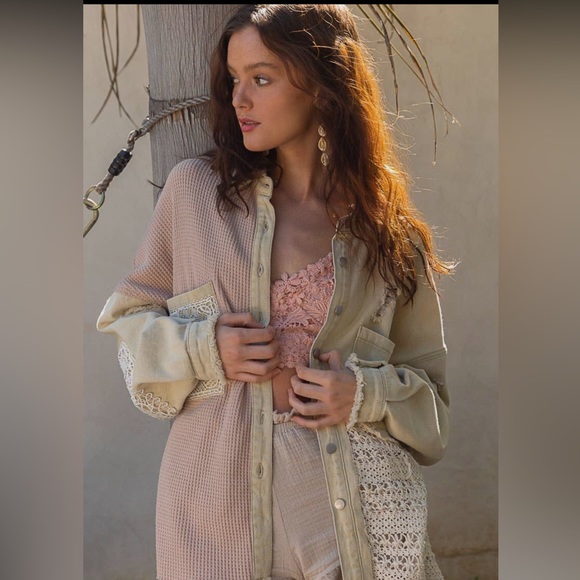 LAST ONE POL Crochet Lace Corduroy Button Down Shacket - Picture 6 of 6